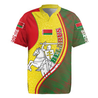 Belarus Pahonia Knight Crest Rugby Jersey with Red Green Yellow Folk Pattern Design