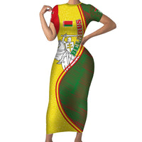 Belarus Pahonia Knight Crest Short Sleeve Bodycon Dress with Red Green Yellow Folk Pattern Design