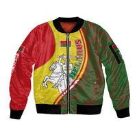 Belarus Pahonia Knight Crest Sleeve Zip Bomber Jacket with Red Green Yellow Folk Pattern Design