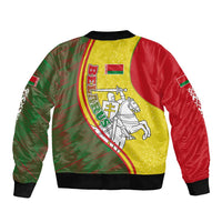 Belarus Pahonia Knight Crest Sleeve Zip Bomber Jacket with Red Green Yellow Folk Pattern Design