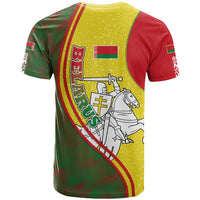 Belarus Pahonia Knight Crest T Shirt with Red Green Yellow Folk Pattern Design