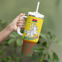 Belarus Pahonia Knight Crest Tumbler With Handle with Red Green Yellow Folk Pattern Design