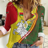 Belarus Pahonia Knight Crest Women Casual Shirt with Red Green Yellow Folk Pattern Design