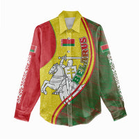 Belarus Pahonia Knight Crest Women Casual Shirt with Red Green Yellow Folk Pattern Design