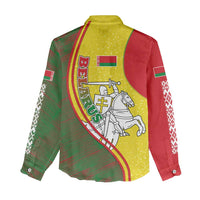 Belarus Pahonia Knight Crest Women Casual Shirt with Red Green Yellow Folk Pattern Design
