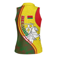 Belarus Pahonia Knight Crest Women Sleeveless Polo Shirt with Red Green Yellow Folk Pattern Design