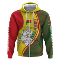 Belarus Pahonia Knight Crest Zip Hoodie with Red Green Yellow Folk Pattern Design