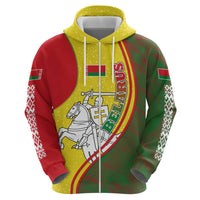 Belarus Pahonia Knight Crest Zip Hoodie with Red Green Yellow Folk Pattern Design