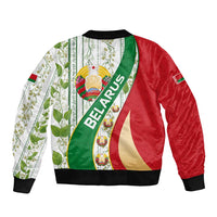 Belarus National Emblem Bomber Jacket with Green Red Gold Floral Folk Pattern Design