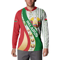 Belarus National Emblem Button Sweatshirt with Green Red Gold Floral Folk Pattern Design