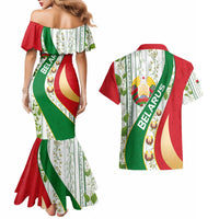 Belarus National Emblem Couples Matching Mermaid Dress and Hawaiian Shirt with Green Red Gold Floral Folk Pattern Design
