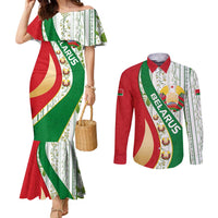 Belarus National Emblem Couples Matching Mermaid Dress and Long Sleeve Button Shirt with Green Red Gold Floral Folk Pattern Design