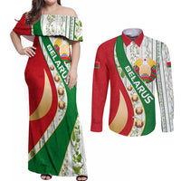 Belarus National Emblem Couples Matching Off Shoulder Maxi Dress and Long Sleeve Button Shirt with Green Red Gold Floral Folk Pattern Design