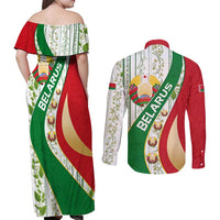 Belarus National Emblem Couples Matching Off Shoulder Maxi Dress and Long Sleeve Button Shirt with Green Red Gold Floral Folk Pattern Design