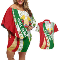 Belarus National Emblem Couples Matching Off Shoulder Short Dress and Hawaiian Shirt with Green Red Gold Floral Folk Pattern Design