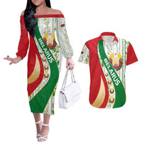 Belarus National Emblem Couples Matching Off The Shoulder Long Sleeve Dress and Hawaiian Shirt with Green Red Gold Floral Folk Pattern Design