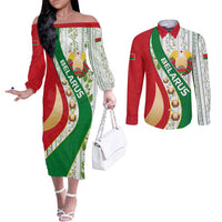 Belarus National Emblem Couples Matching Off The Shoulder Long Sleeve Dress and Long Sleeve Button Shirt with Green Red Gold Floral Folk Pattern Design