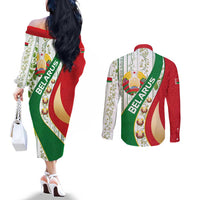 Belarus National Emblem Couples Matching Off The Shoulder Long Sleeve Dress and Long Sleeve Button Shirt with Green Red Gold Floral Folk Pattern Design