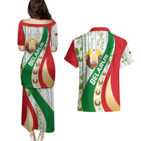 Belarus National Emblem Couples Matching Puletasi and Hawaiian Shirt with Green Red Gold Floral Folk Pattern Design