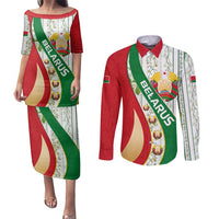 Belarus National Emblem Couples Matching Puletasi and Long Sleeve Button Shirt with Green Red Gold Floral Folk Pattern Design