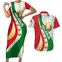 Belarus National Emblem Couples Matching Short Sleeve Bodycon Dress and Hawaiian Shirt with Green Red Gold Floral Folk Pattern Design