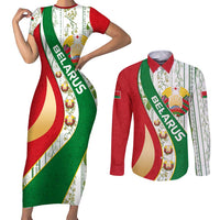 Belarus National Emblem Couples Matching Short Sleeve Bodycon Dress and Long Sleeve Button Shirt with Green Red Gold Floral Folk Pattern Design