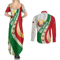 Belarus National Emblem Couples Matching Summer Maxi Dress and Long Sleeve Button Shirt with Green Red Gold Floral Folk Pattern Design