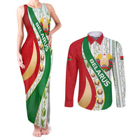 Belarus National Emblem Couples Matching Tank Maxi Dress and Long Sleeve Button Shirt with Green Red Gold Floral Folk Pattern Design