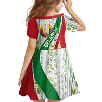 Belarus National Emblem Family Matching Long Sleeve Bodycon Dress and Hawaiian Shirt with Green Red Gold Floral Folk Pattern Design