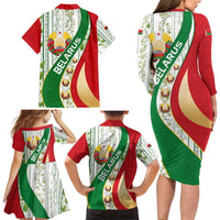 Belarus National Emblem Family Matching Long Sleeve Bodycon Dress and Hawaiian Shirt with Green Red Gold Floral Folk Pattern Design