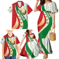 Belarus National Emblem Family Matching Mermaid Dress and Hawaiian Shirt with Green Red Gold Floral Folk Pattern Design