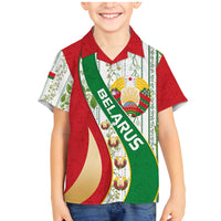 Belarus National Emblem Family Matching Mermaid Dress and Hawaiian Shirt with Green Red Gold Floral Folk Pattern Design
