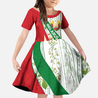 Belarus National Emblem Family Matching Off Shoulder Maxi Dress and Hawaiian Shirt with Green Red Gold Floral Folk Pattern Design