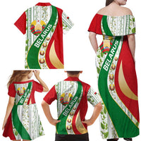 Belarus National Emblem Family Matching Off Shoulder Maxi Dress and Hawaiian Shirt with Green Red Gold Floral Folk Pattern Design