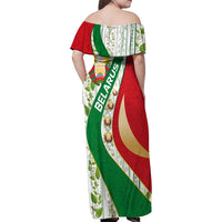 Belarus National Emblem Family Matching Off Shoulder Maxi Dress and Hawaiian Shirt with Green Red Gold Floral Folk Pattern Design