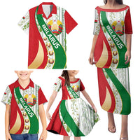 Belarus National Emblem Family Matching Puletasi and Hawaiian Shirt with Green Red Gold Floral Folk Pattern Design