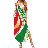 Belarus National Emblem Family Matching Summer Maxi Dress and Hawaiian Shirt with Green Red Gold Floral Folk Pattern Design