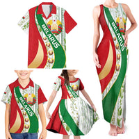 Belarus National Emblem Family Matching Tank Maxi Dress and Hawaiian Shirt with Green Red Gold Floral Folk Pattern Design