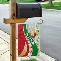 Belarus National Emblem Garden Flag with Green Red Gold Floral Folk Pattern Design