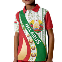 Belarus National Emblem Kid Polo Shirt with Green Red Gold Floral Folk Pattern Design