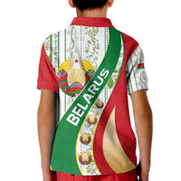Belarus National Emblem Kid Polo Shirt with Green Red Gold Floral Folk Pattern Design