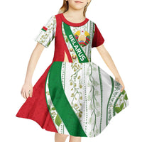 Belarus National Emblem Kid Short Sleeve Dress with Green Red Gold Floral Folk Pattern Design