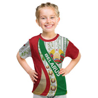 Belarus National Emblem Kid T Shirt with Green Red Gold Floral Folk Pattern Design