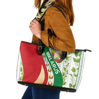 Belarus National Emblem Leather Tote Bag with Green Red Gold Floral Folk Pattern Design
