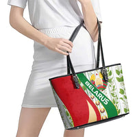 Belarus National Emblem Leather Tote Bag with Green Red Gold Floral Folk Pattern Design