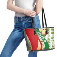 Belarus National Emblem Leather Tote Bag with Green Red Gold Floral Folk Pattern Design