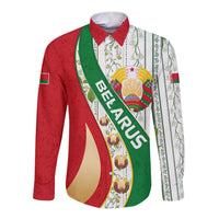 Belarus National Emblem Long Sleeve Button Shirt with Green Red Gold Floral Folk Pattern Design