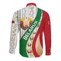 Belarus National Emblem Long Sleeve Button Shirt with Green Red Gold Floral Folk Pattern Design
