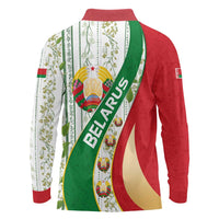 Belarus National Emblem Long Sleeve Polo Shirt with Green Red Gold Floral Folk Pattern Design