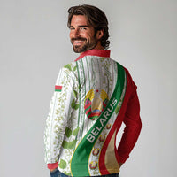 Belarus National Emblem Long Sleeve Polo Shirt with Green Red Gold Floral Folk Pattern Design